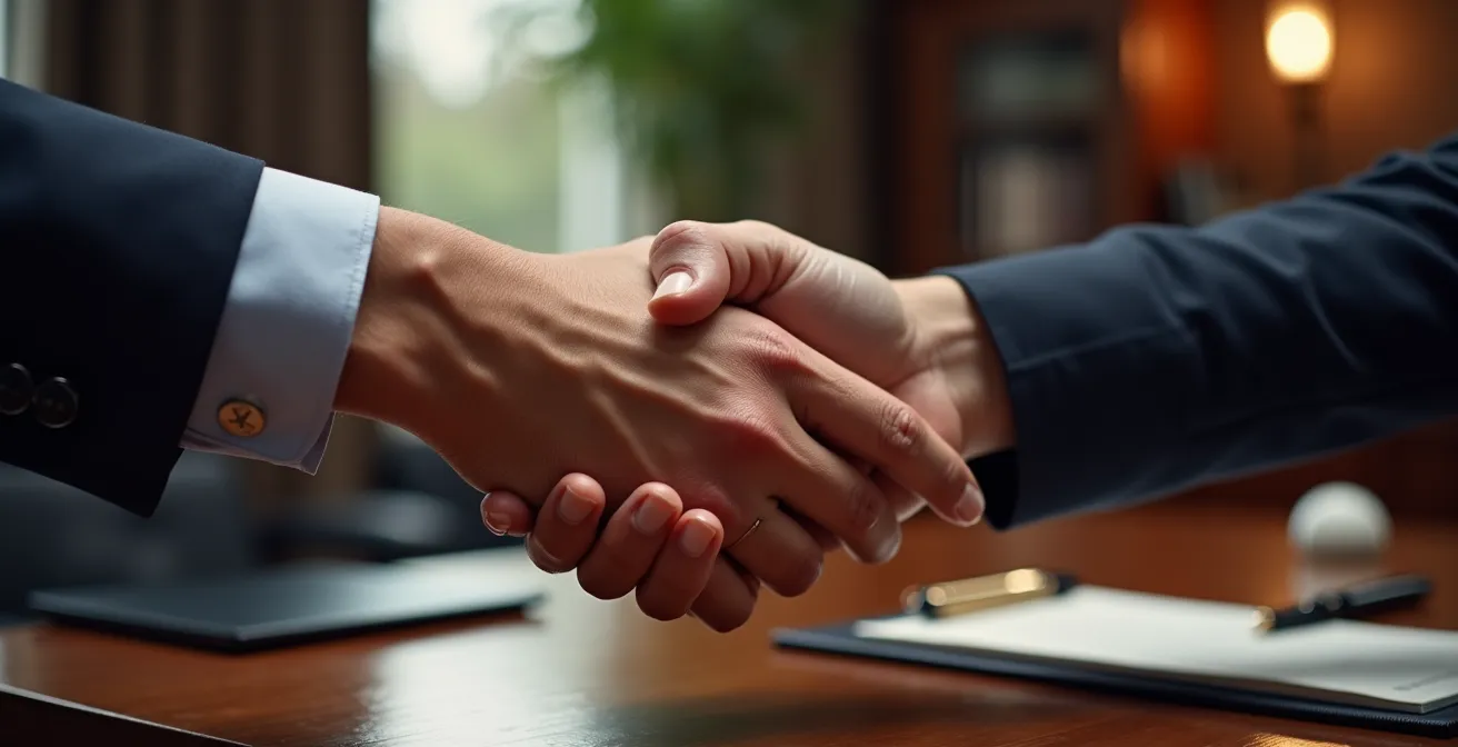 Axe Humain & Émotionnel : Gros plan sur des mains multinationales échangeant une poignée de main au-dessus d'un bureau