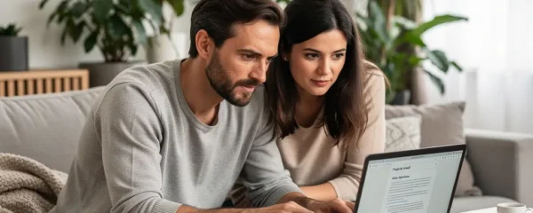 Couple analysant les taux de crédit immobilier sur ordinateur portable dans leur salon