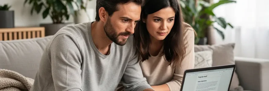 Couple analysant les taux de crédit immobilier sur ordinateur portable dans leur salon