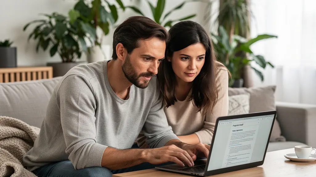 Couple analysant les taux de crédit immobilier sur ordinateur portable dans leur salon