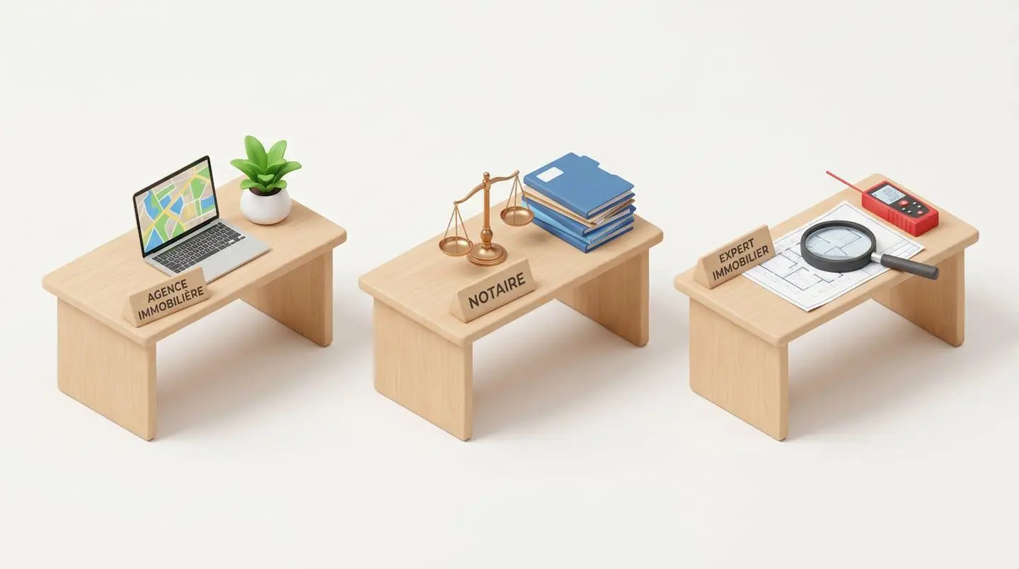 Illustration isométrique de trois bureaux représentant une agence immobilière, un notaire et un expert immobilier, symbolisant les trois options d'estimation successorale
