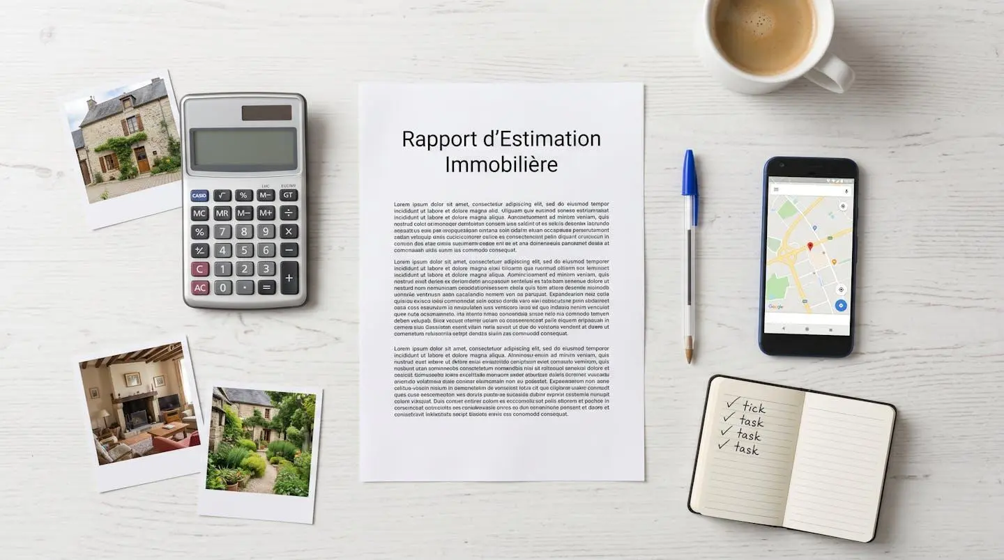 Vue de dessus d'un bureau organisé avec rapport d'estimation, calculatrice, photos de bien immobilier et checklist, illustrant la méthode de validation d'une estimation